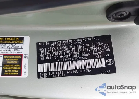 2007 Toyota Camry Hybrid from USA, damaged, VIN 4T1BB46KX7U008592